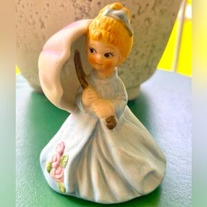 Vintage FBIA Porcelain Girl in Blue Dress with Pink Umbrella.